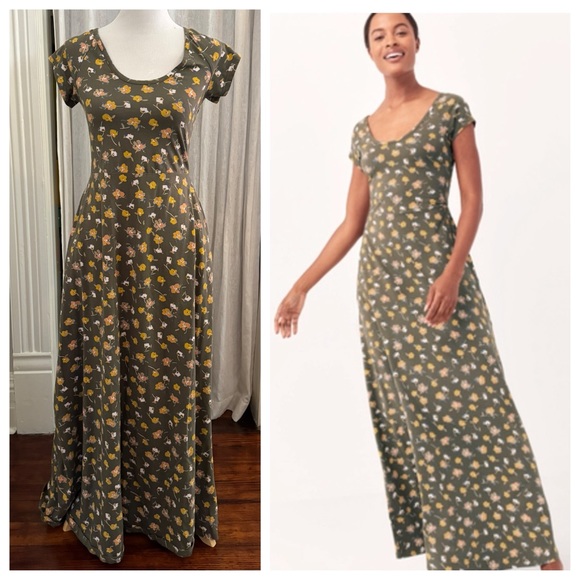 Pact Dresses & Skirts - Green Floral Criss-Cross Back Cap Sleeve Maxi Dress